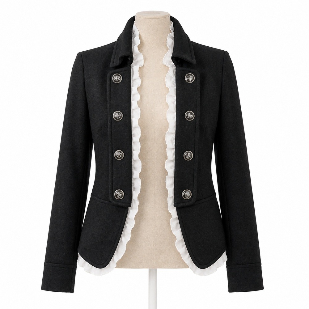 Y2K Ruffle Marching Band Jacket Sz L Black Military Drummer Preppy Regency Goth